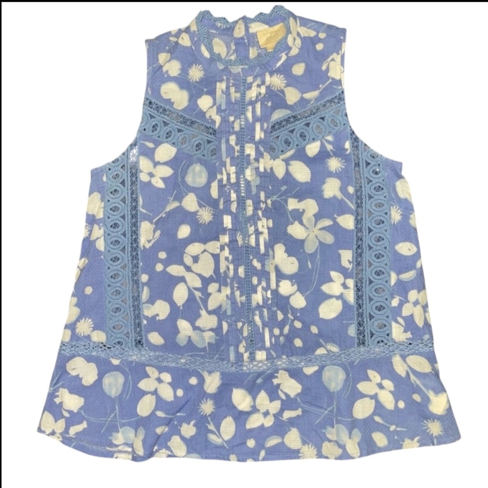 Anthropologie Vanessa Virginia Marisa Lace Floral Tank Top Blue and White size 6